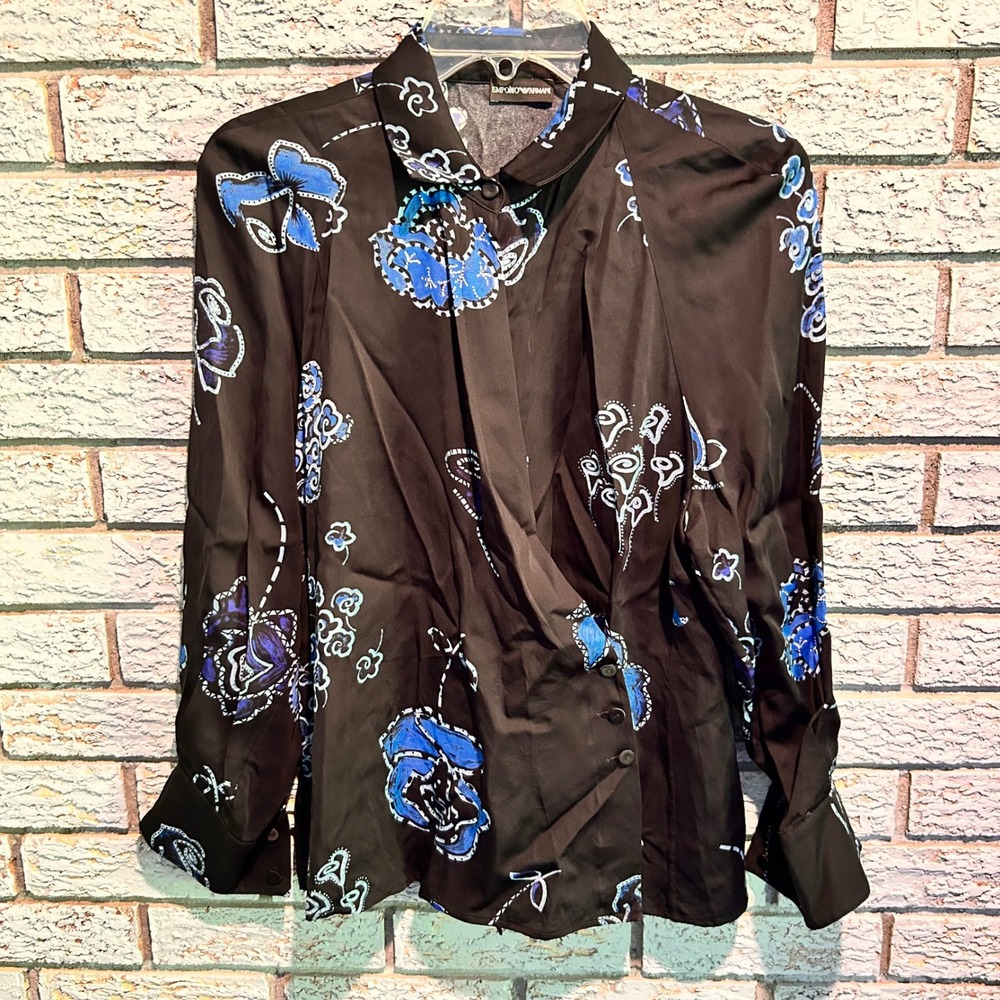 Emporio Armani Black Blue Floral Draped Button Blouse BNC12T B2506 Womens